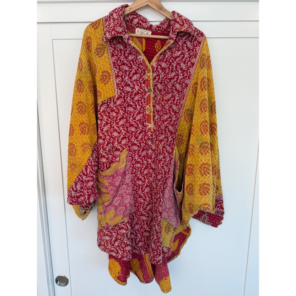 Kantha Bae Free Size Top Red Yellow Patchwork Boho Kantha Quilt Tunic Pockets